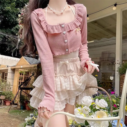 Kawaii Ruffle Skirt Women Coquette Cute Lolita High Waist A-line Bow Lace Fairycore Mesh Mini Skirt Summer Mori Girl