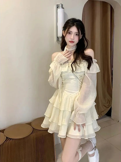 Long Sleeve Elegant Mini Dress Lolita Pure Color Short Party Dress Woman Casual 2023 Spring Sweet One Piece Dress Korean Fashion