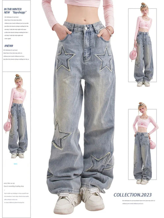 lovwvol Y2K 90s Streetwear Star Jeans Women Vintage Distressed Blue Baggy Denim Pants American Retro Wide Trousers Korean Style