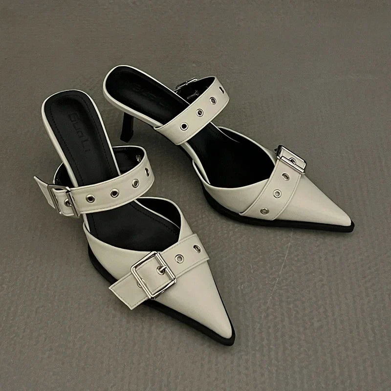 Punk Goth Metal Buckle High Heels Women's Sandals Summer  Pointed Toe Silver Party Shoes Fashion Womens Pumps Shoes Tacones