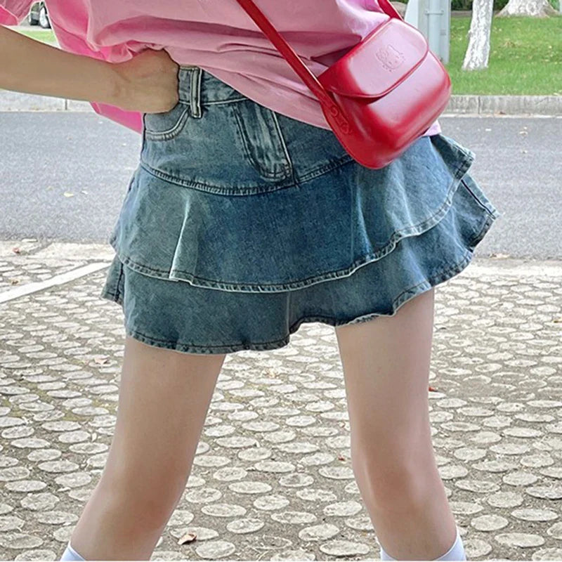 lovwvol Summer New Women Kpop High Waist Sweet Y2k Denim Ball Gown Skirts Female Kawaii Punk Mini Dress Girls Aesthetic Blue Jean Skirts