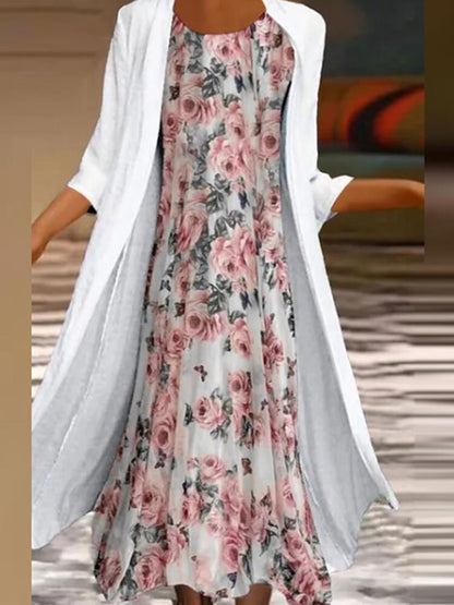 Elegant Dress Floral Print 2 Piece Sets Office Lady O-Neck Sleeveless Summer Dress + Women Mesh Transparent Coat Dress Robe