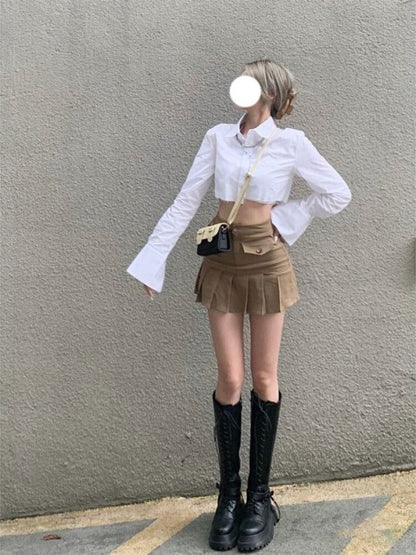 Pleated Micro Skirt Women Korean Fashion Casual Button Pocket Patchwork High Waist A-line Sexy Mini Skirt Streetwear