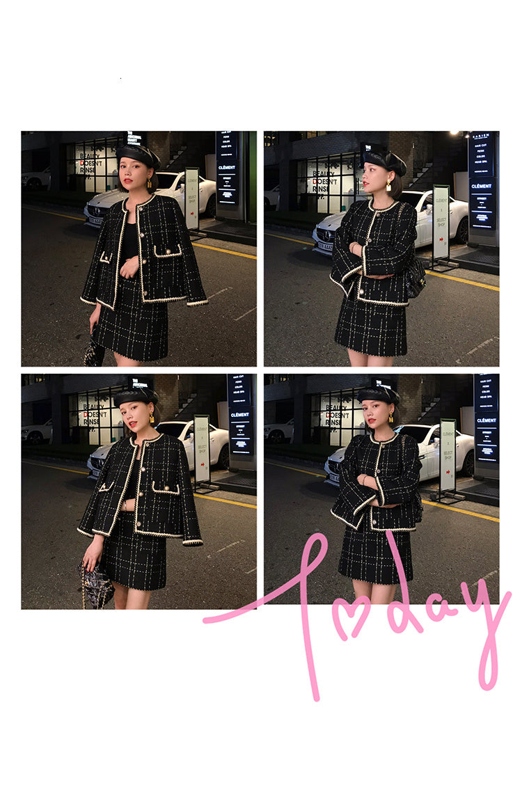 European Style Autumn Winter 2 Piece Set Women Short Woolen Tweed Jacket Coat & Bodycon Mini Skirt Set Women Two Piece Outfits