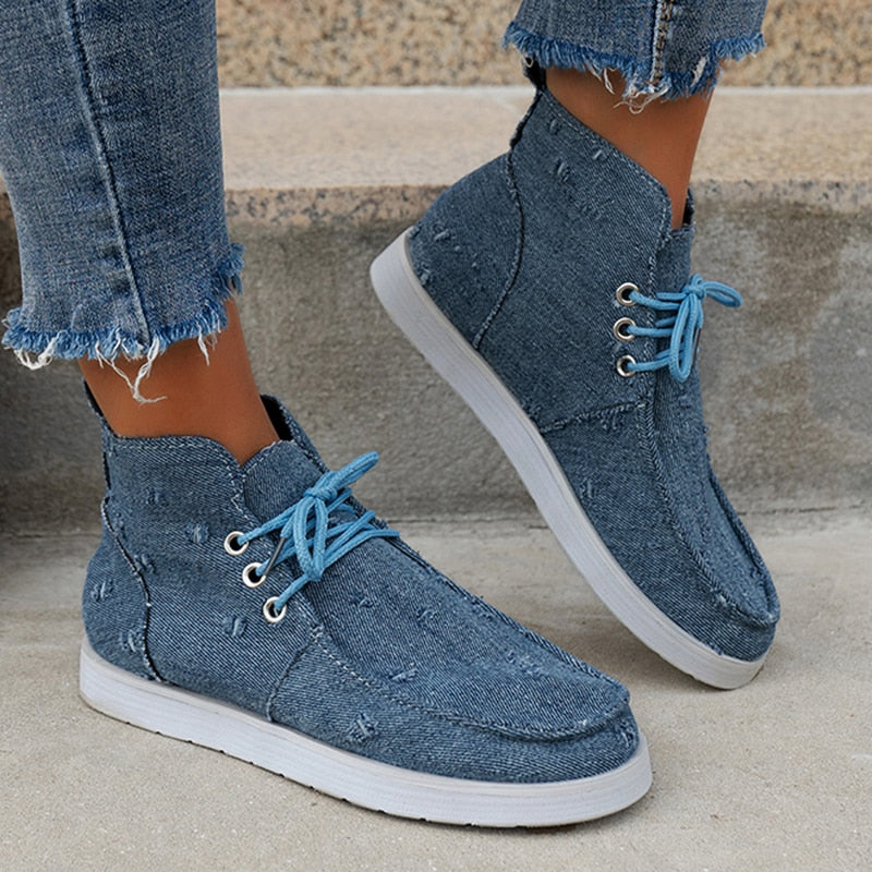 High Top Flat Heels Canvas Sneakers Women 2023 Autumn Denim Blue Lace Up Casual Shoes Woman Plus Size 43 Anti Slip Sport Shoes