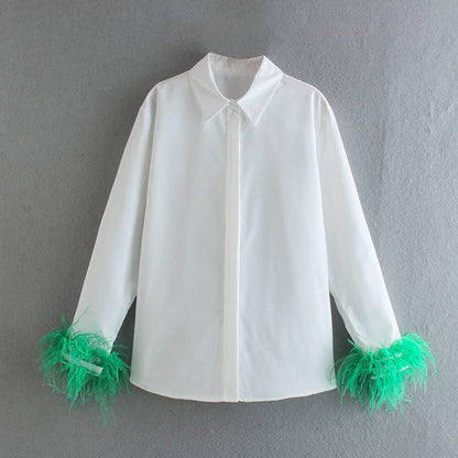 lovwvol Vintage Elegant Tops Women Cuff Stitching Green Furry Shirt Female Fashion Casual Long Sleeve T Shirt Spring Chic Blouse