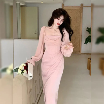 Solid Elegant Fairy Dresses Women Casual Party Fashion Korean One Piece Dress Female Lace Vintage Chic Midi Dresses