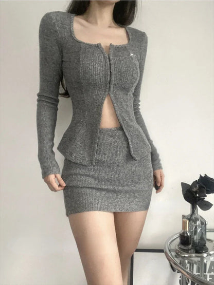 lovwvol Sexy 2 Piece Dress Set Elegan Casual Long Sleeve Knitted Suits Y2k Crop Tops + Bodycon High Waist Mini Skirt Korean  Autumn