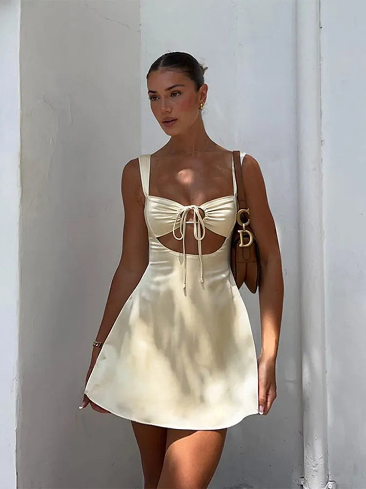 lovwvol Women Sexy Hollow Out Sleeveless Sling Dress Fashion Chest Wrap Lace Up Mini A-line Dresses 2024 Summer Beach Holiday Robes