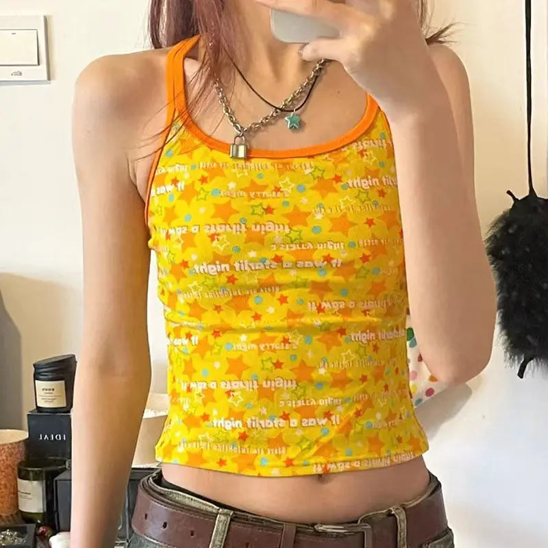 lovwvol Summer New Casual Y2K Yellow Halter Vintage Star Short T-Shirt Sleevle Crop U-neck Halter Top Women Clothes Shirt Camis 2000s