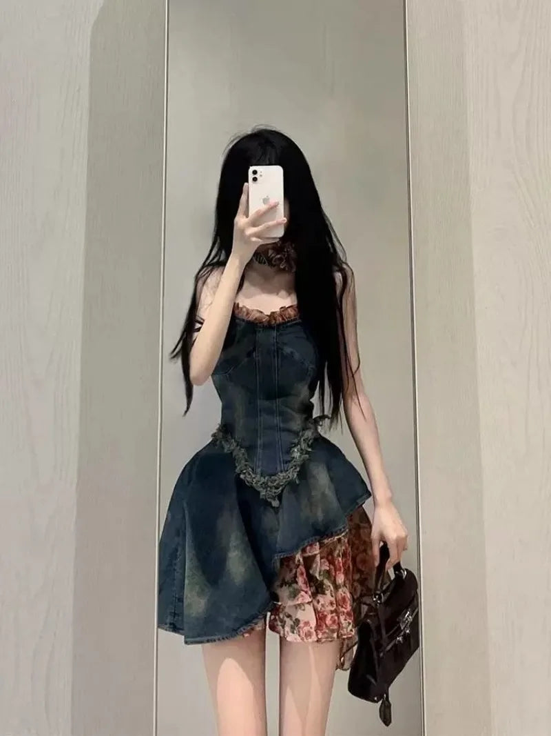 lovwvol  -  French Fashion Spicy Girl Strapless Denim Dress Women's Summer High-end Feeling Waist Cinching Slimming Dresses