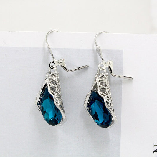 Luxury Navy Blue Stone Earrings for Women Vintage Silver Color Metal Hollow Drop Dangle Earrings Jewelry