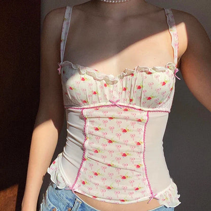 lovwvol Vintage Fashion Bow Printed Summer Mesh Top Camisole Coquette Clothes Bow Ruched See Through Sexy Camis Top Women New