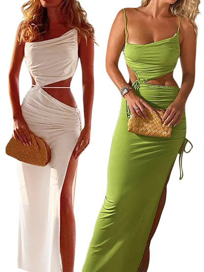 lovwvol New Summer Beach Casual Sexy Hollow Backless Tie Up Slip Dress Women Low Cut Sleeveless Slim-fit Maxi Dress for Club Party