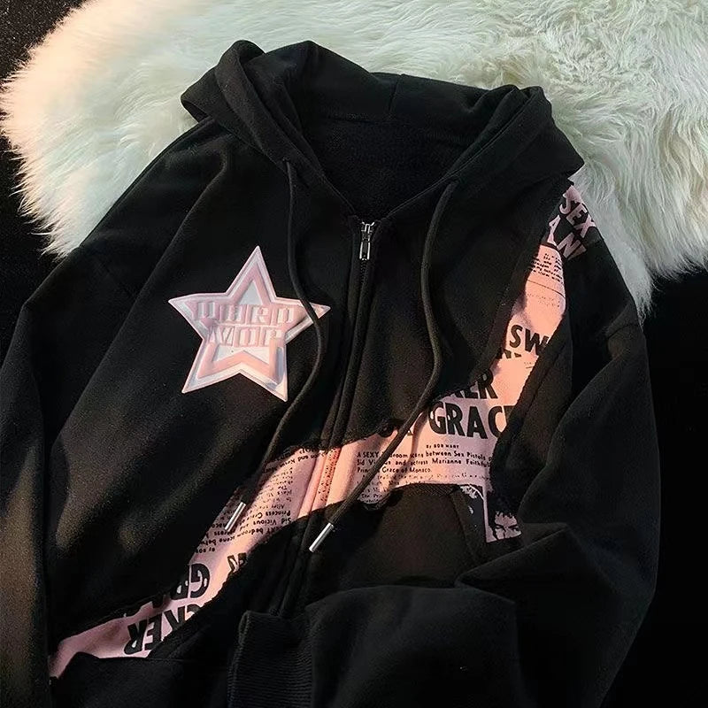 lovwvol  Y2K Zipper Hoodie Women  new Fried Street Star Letter print spliced cardigan hoodie women fashion loose coat top