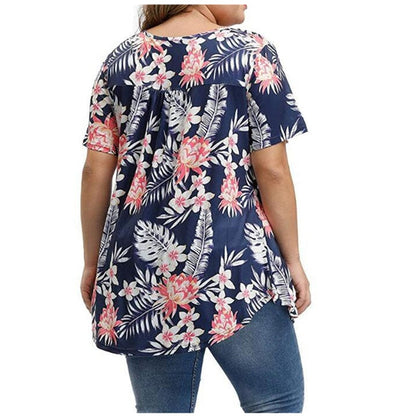 5XL Casual Summer T Shirt Women Boho V-Neck Print Floral Tshirt Plus Size Short Sleeve Leopard Tops Oversize Button Tee Top