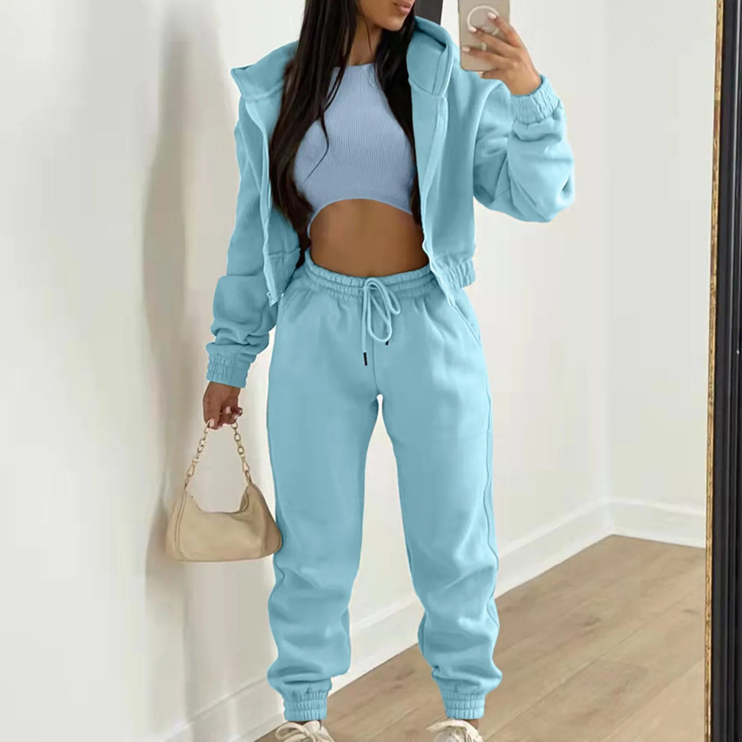 lovwvol Women 3 Piece Sets Casual Long Sleeve Zip Hoodies+Ribbed Tank+High Waist Sweatpants Jogger Pant Suits Sporty Three Pieces Outfit