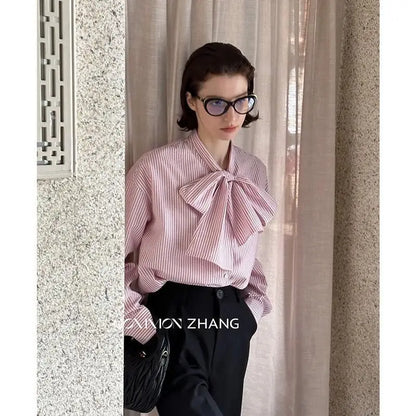 lovwvol Vintage Striped Blouses with Bow Women Elegant French Style Long Sleeve Shirts Sweet Preppy Office Look Korean Fashion