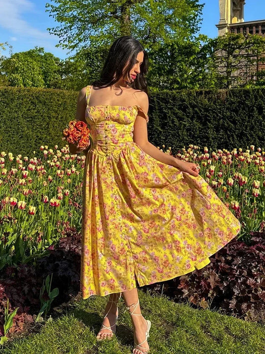 lovwvol Summer Elegant Floral Print Midi Holiday Dress with Pocket Yellow Back Lace Up Party Dresses Casual Women Dress