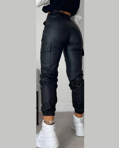 Cuffed PU Leather Pants for Women Slim Fit Long Skinny Trousers Casual and Cuffed Fashion Spring, Lady