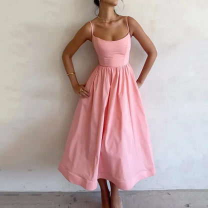 Sexy Solid Spaghetti Strap A-line Maxi Dresses Women Low Cut Sleeveless Big Skirt Dress Summer New Fashion Elegant Party