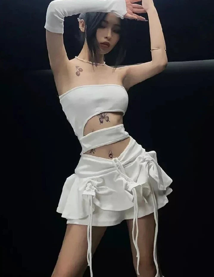 Hollow Out Sexy White Y2k Mini Dresses Fairycore Elf Aesthetic Cute Strapless Dress Women Drawstring Outfit With Glove