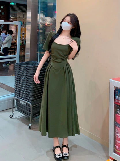 lovwvol Summer Elegant Party Casual Lady Long Dresses Retro Folds Puff Sleeves Fashionable Sexy Design Slimming Waist Green Dress