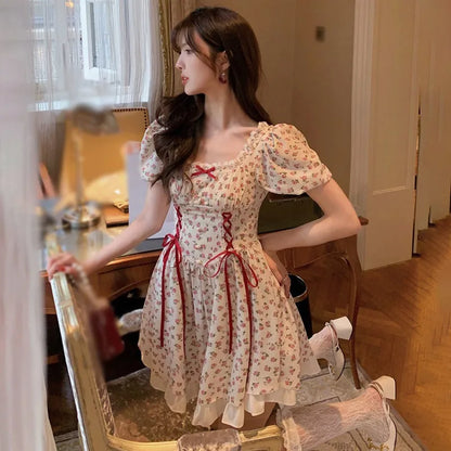 lovwvol Summer Floral Printing Women's Puff Sleeve Cute Bow Tie Lace Ruffle Dress Sweety's Short Princess Dress Soft Cotton Breathable