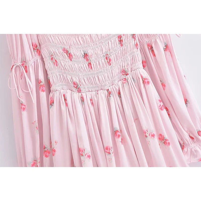 lovwvol Sweet Pink Floral Print Satin Sexy Off Shoulder Dress Women Long Sleeve Holiday Party Mini Dresses Princess Fairy Robe