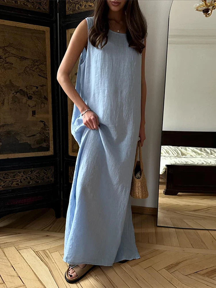 lovwvol Women Casual Solid Loose Cotton Linen Maxi Dress Elegant O-neck Sleeveless Split Dresses 2024 Summer Female Street Robes