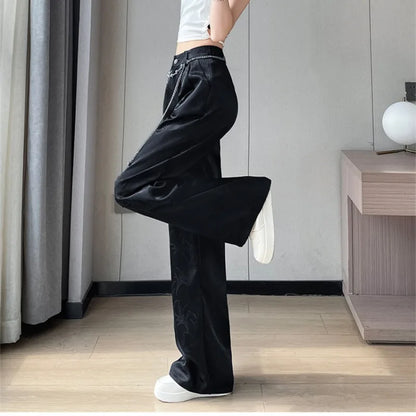 lovwvol Spring Autumn Women's Button Zipper High Waist Solid Chiffon Printed Geometric Shaped Wide Legs Casual Trousers Elegant Pants