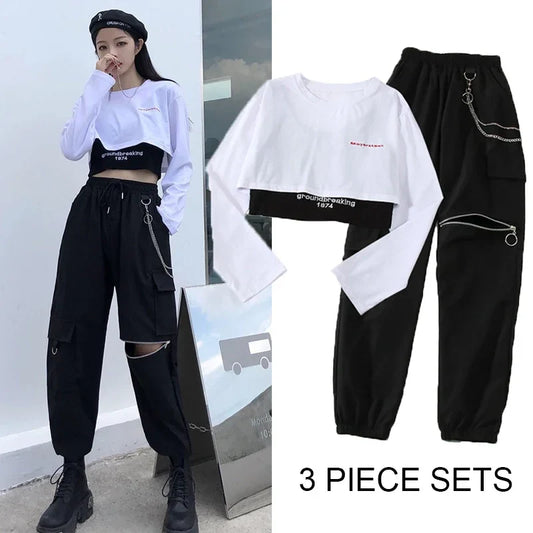 Fashion Jogger 3 Piece Sets Women New High Waist Cargo Pants with Chain Streetwear Casual Hip Hop Long Sleeve Crop Tops