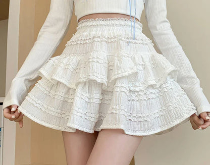 lovwvol Sweet Cute Lace Mini Skirt Women Kawaii White Ruffles Pleated Skirts Summer Korean High Waist Black Casual A Line Skirt