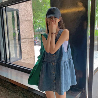 lovwvol Sleeveless Dress Women Streetwear Single Breasted Pockets V-neck Denim Females Mini Dresses A-line Pleated Vintage Korean Style