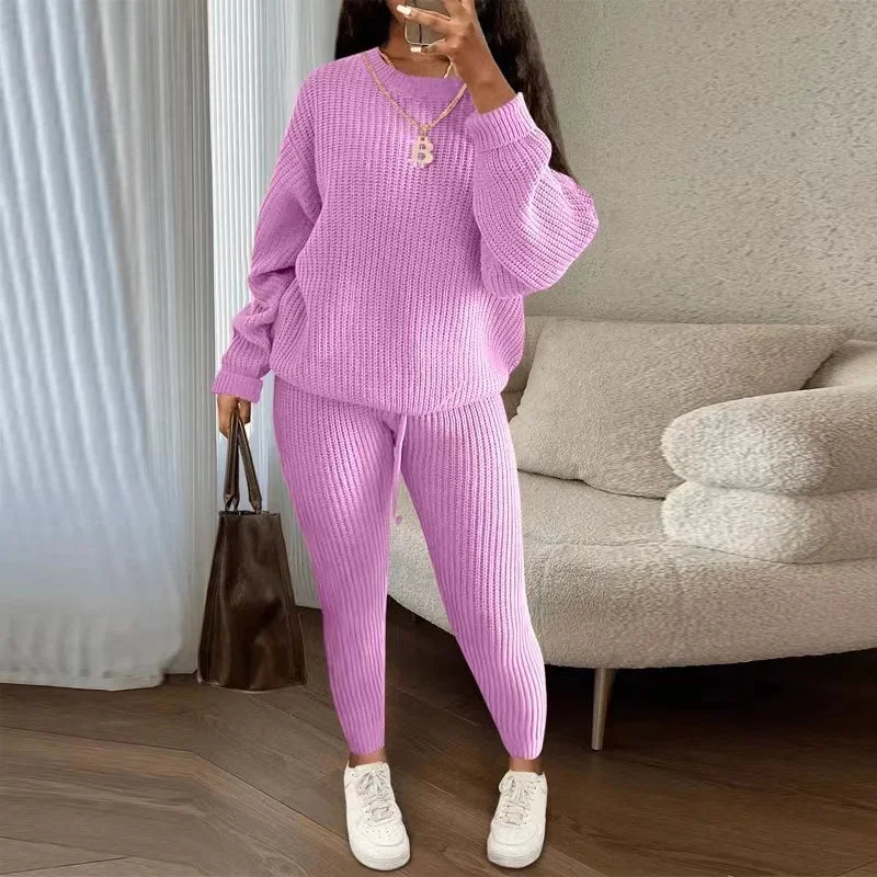 lovwvol  -  Winter Two Piece Sets Women Clothing Autumn Fashion Casual Solid Round Neck Pullover Loose Pit Knitted Sweater Pants Suits