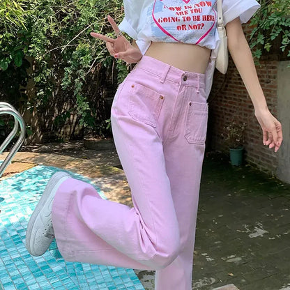 lovwvol With Pockets Pants for Woman Pink Women's Jeans High Waist Shot Flared Bell Bottom Straight Leg Flare Trousers 2000s Y2k Vibrant