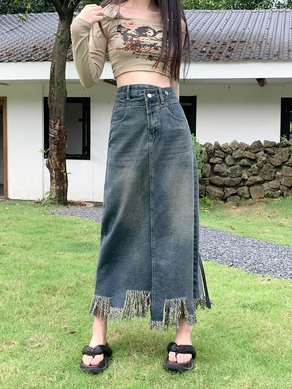 lovwvol  -  American Retro Denim Skirt Women's Autumn Vent Design Tassel A-line Hign Waist Denim Long Skirt Female Clothing