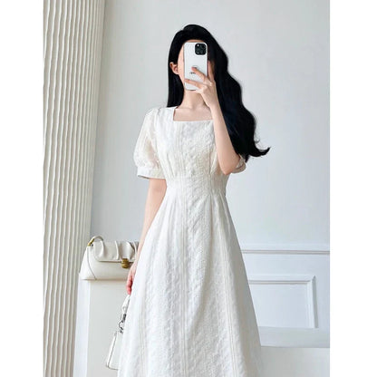 lovwvol Vintage Lace Midi Dresses for Women New Summer French Embroidery Square Neck Short Sleeve Elegant Fashion Female Clothes