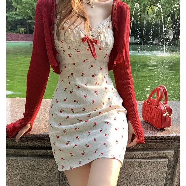 Sweet 2 Piece Dress Set Woman Red Long Sleeve Cardigan + Strap Floral Y2k Mini Dress Party Korean Fashion Suit Spring