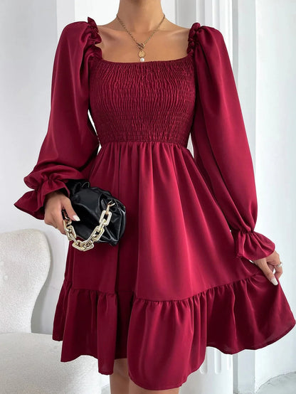 Square Neck Shirred Bodice Flounce Sleeve Ruffle Hem Dress Dresses