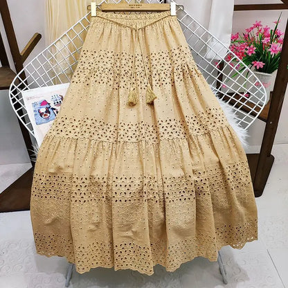 lovwvol Hollow Out Embroidery Cotton Lace Skirts for Women Vintage High Waist Ruffles Long Skirt Casual A-line Boho Falda Summer