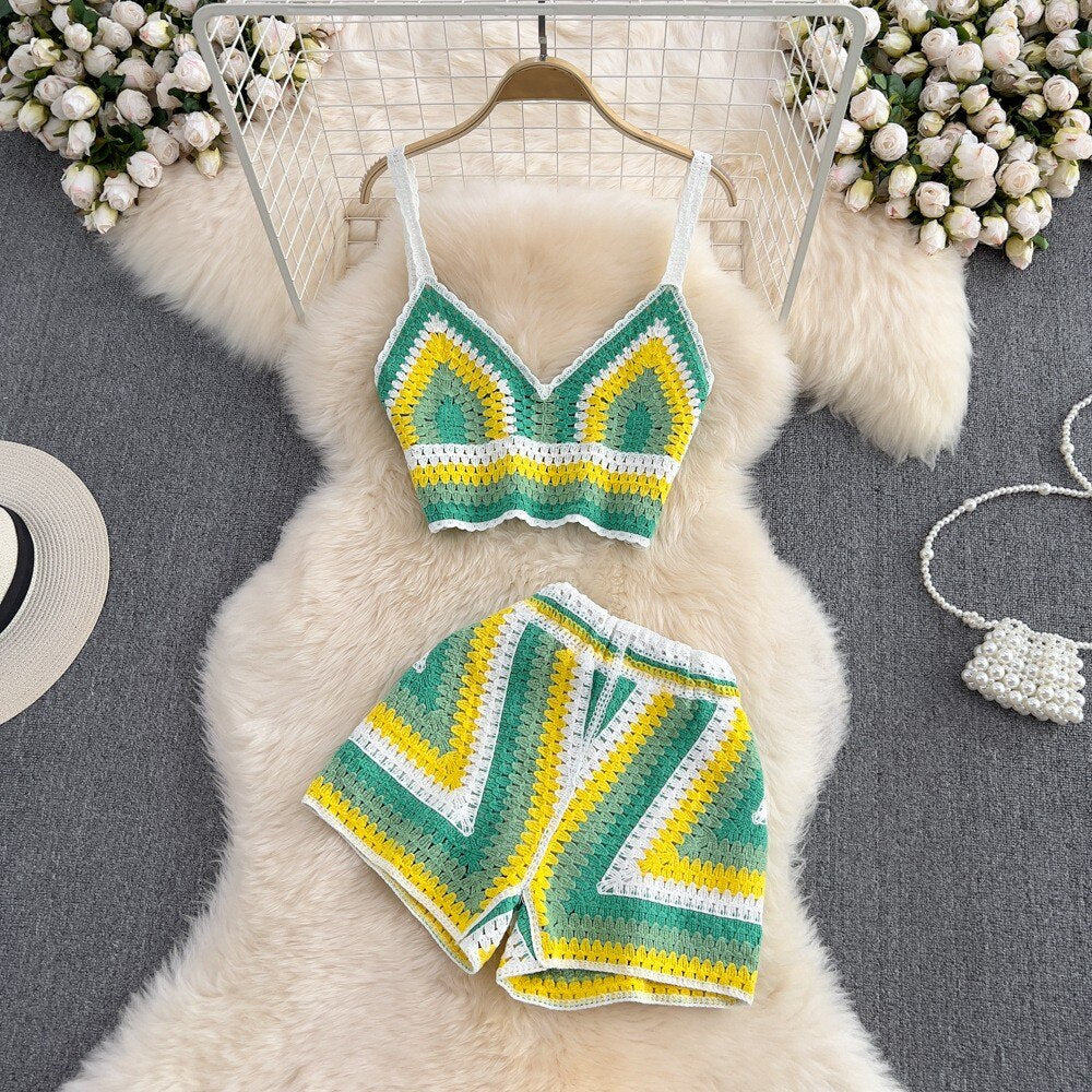 lovwvol Knitted Crochet Two Piece Set Women Sexy V-Neck Cropped Tank Top and High Waist Shorts Matching Summer 2023 Beach Outfits