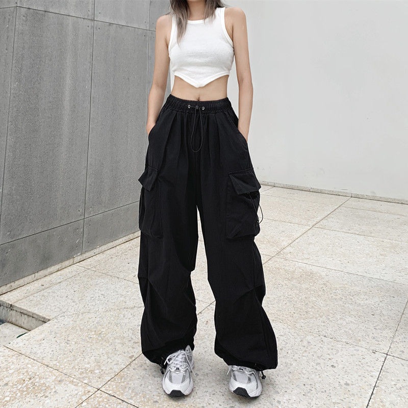 Women Casual Joggers Tech Pants Vintage Solid Low Waist Drawstring Baggy Trousers Y2K Wide Leg Sweatpants Streetwear Cargo Pants