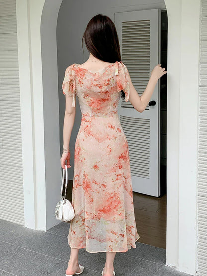 French Floral Suspender Chiffon Dress Seaside Holiday Beach Long Dress Summer Fairy Temperament Korean  Women's New Chic