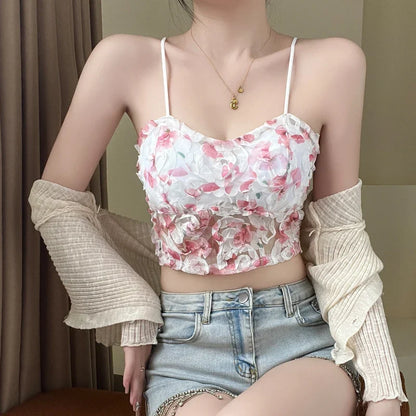 lovwvol Lace Crop Top Women Rose Floral Bra Mesh Tube Top Beauty Back Bra Seamless Cami with Chest Pads Sexy Tank Top Sweet Lingerie