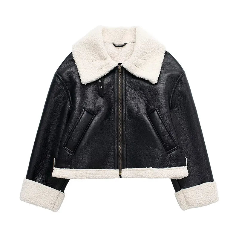 Thick Faux Leather Lambswool Jacket Women Autumn Winter Lapel Vintage Single Breasted Coats Female Pocket Warm Streetwear