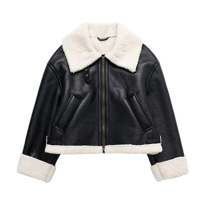 Thick Faux Leather Lambswool Jacket Women Autumn Winter Lapel Vintage Single Breasted Coats Female Pocket Warm Streetwear