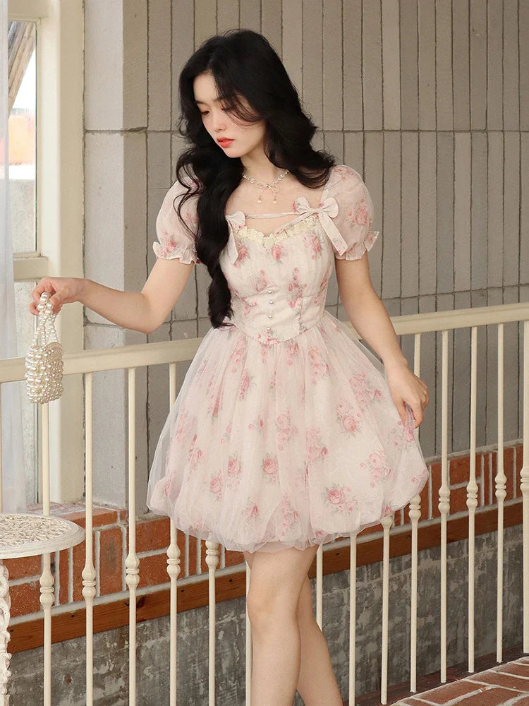 lovwvol Floral Sweet Fairy Bodycon Dresses for Women Elegant Party Print French Female Korean Fashion Cute Mini Dress Summer Pink