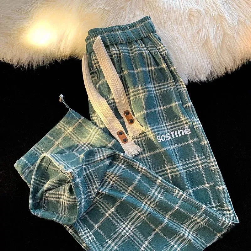 lovwvol New Spring and Autumn Fashion Trendy Brand Retro Plaid Wide Leg Straight Leg Pants Versatile Casual Loose and Fashionable Pants