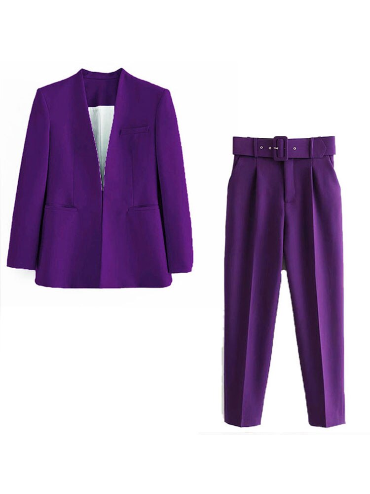 Women Fashion Two Pieces Sets Office Wear Blazers Coat And With Belt High Waist Pants Female